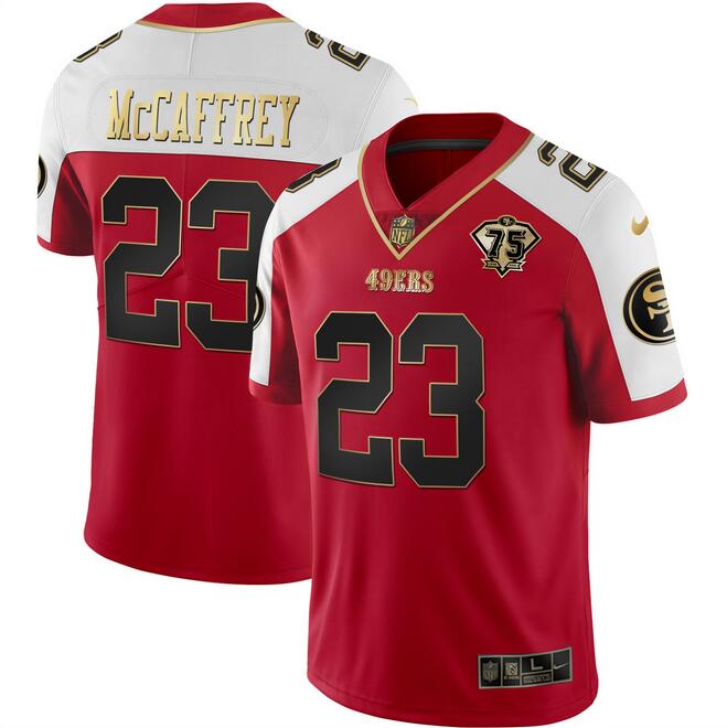 Men's Red San Francisco 49ers #23 Christian McCaffrey Gold With 75th Patch Vapor Limited Stitched Football Jersey